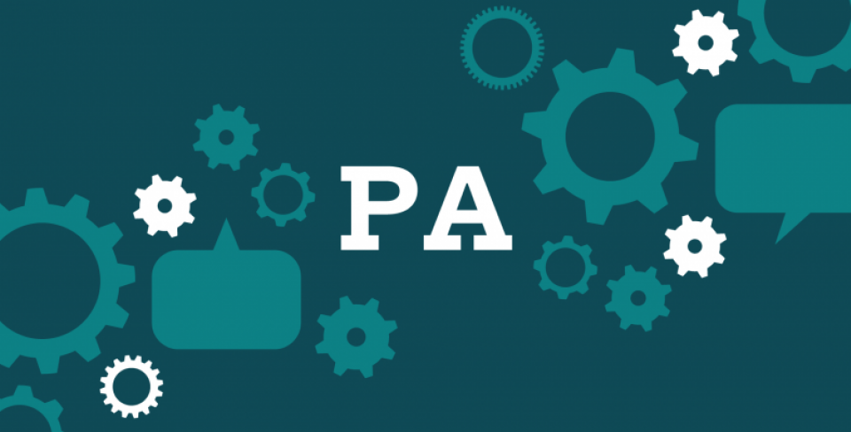 PA bargaining graphic Teal background with a collage of cogs and speech bubble and the letters "PA" in the middle.