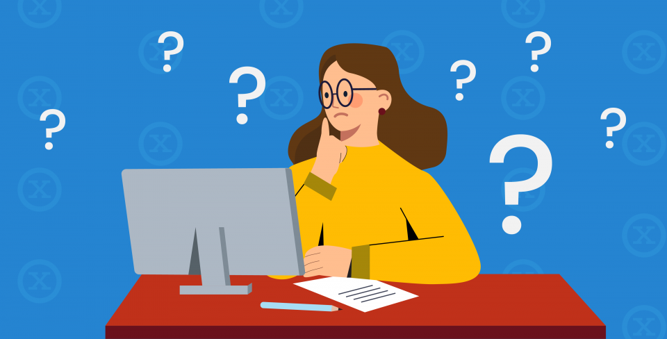 Strike votes FAQ graphic Women dressed in yellow looking at a computer with question marks and x's around her.