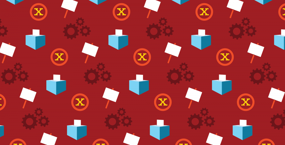 Strike vote graphic A red background with a pattern of voting boxes, circled x's, picket signs, and cogs.